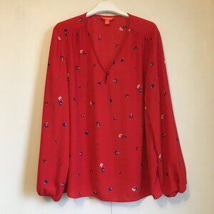 Poppy Red Sheer Single Button Peasant Sleeve Blouse